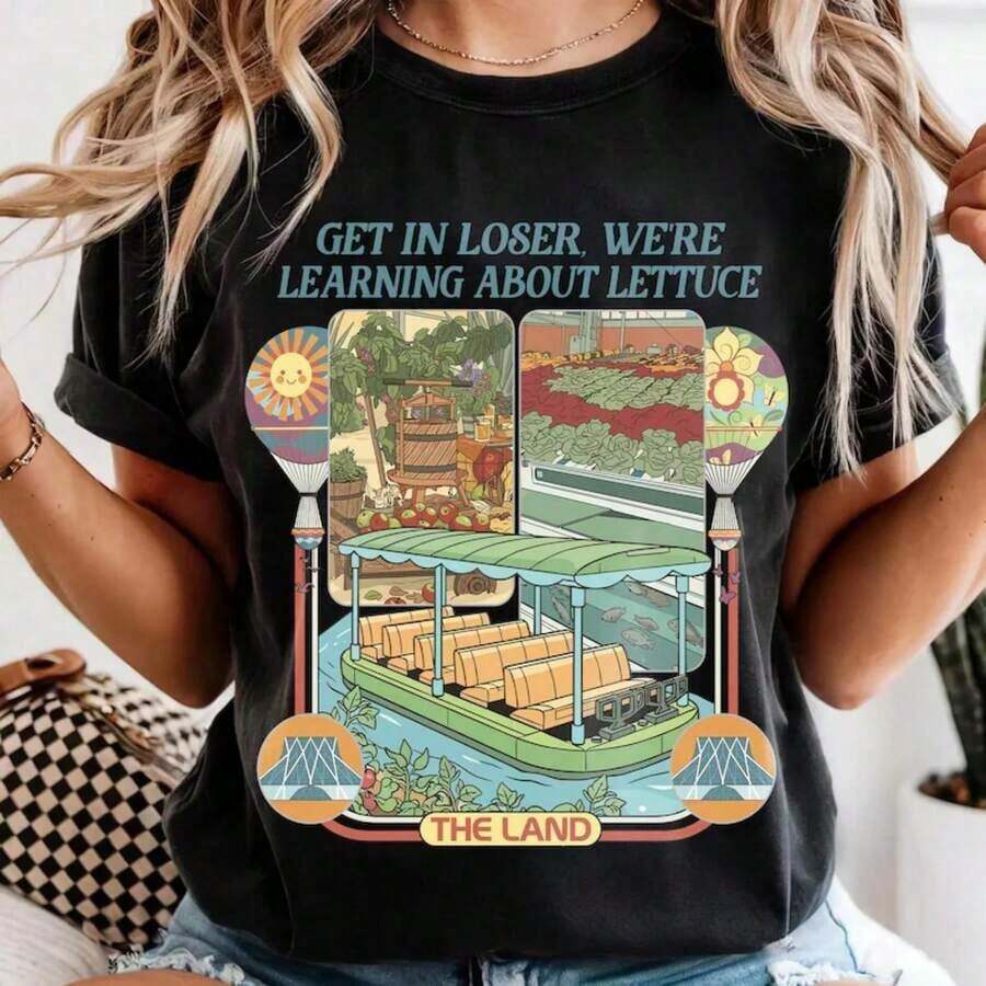 1 X Retro Epcot-Inspired T-Shirt With "Living With The Land" Aesthetic, Funny D Park T-Shirt With The Phrase "Get In Loser We Re Gonna Learn About Lettuce", 180g, 100% Cotton. - 黑色 10 - 查看 1
