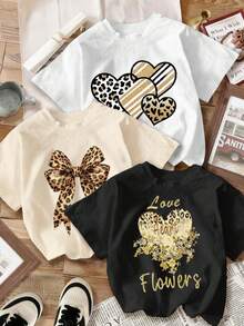 3 camisetas de manga corta para mujer, que incluyen un modelo con múltiples corazones, estampado de leopardo y rayas doradas, un modelo con un gran lazo y estampado de leopardo en tonos marrón y dorado, un modelo con un corazón dorado y la palabra "Love Heart Flowers". Camiseta casual de cuello redondo, elemento retro en tono dorado combinado con corazón y lazo, gran sensación de lujo, muy a la moda para salidas diarias. - Blanco - Ver 8