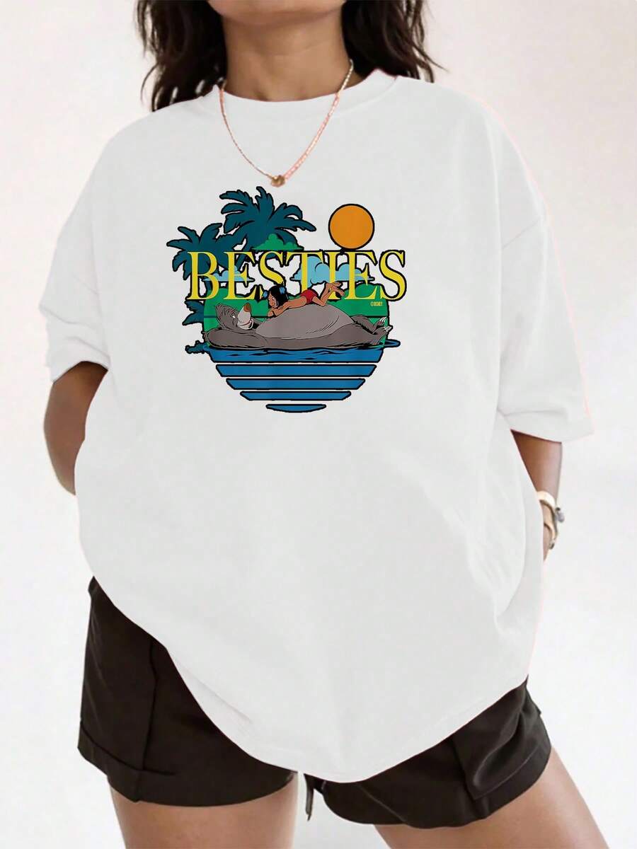 Radiant Sun And Palm Trees Symbolizing Friendship And Rest Under The Tropical Sky, Evoking Joy And Unity On Bright Days. Women's T-Shirt With A Comfortable Fit, Colorful Graphic, And Soft, Casual, And Modern Fabric. - 白色 - 查看 1