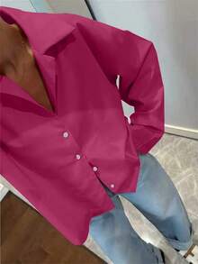 Camisa de manga larga con botones para mujer, blusa elegante casual de moda vintage color fucsia, primavera/verano - Rosa Fucsia - Ver 5