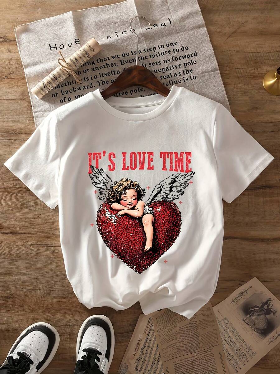 Women's Cupid Print T-Shirt For Valentine's Day - Short Sleeve Round Neck Top, Casual Spring-Summer Blouse For Valentine's Day Outfit, Cupid Costume Clothing - 白色 - 查看 1