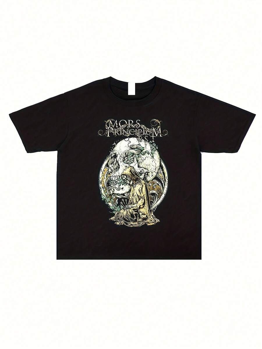 Unisex Gothic Design T-Shirt With Mors Principium Est Death Metal Band Artistic Medallion For Men And Women, Soft, Essential For Casual Street Wear In All Seasons, Versatile Style For All Seasons. With A Crisp, Streamlined Cut, This Garment Creates A Clean And Vibrant Look When Worn. Its Loose Yet Flattering Silhouette Suits All Body Types, Offering A Style That Is Both Casual And With A Touch Of Elegance. - 黑色 - 查看 1