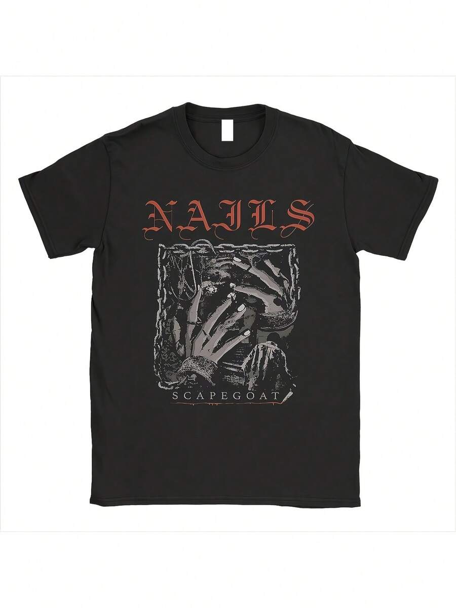 Nails Scapegoat Band T-Shirt For Men And Women, Featuring A Gothic Heavy Metal Logo And Hand Sign Design. Soft And Versatile, This All-Season Streetwear Essential Is A Perfect Everyday Gift For Fans And Friends. With Its Crisp, Streamlined Cut, This Garment Creates A Clean And Vibrant Look. Its Relaxed Yet Flattering Silhouette Suits All Body Types, Offering A Style That Is Both Casual And Sophisticated. - 黑色 - 查看 1