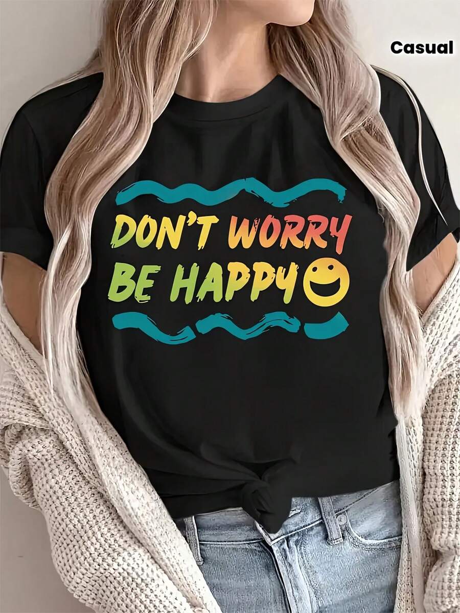 Women's T-Shirts, Women's T-Shirts With "Don't Worry, Be Happy" Print - Casual Black Short-Sleeved Crew Neck Top With Colorful Wave And Face Design, Perfect For Spring And Summer Casual Wear. | Interesting Prints | Short-Sleeved Shirt - 1件黑色隨機圖案 - 查看 1