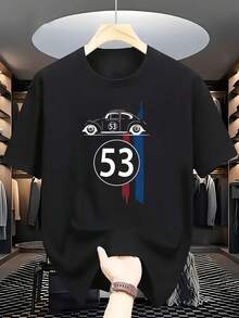 Short-Sleeved Crew Neck T-Shirt Featuring A Vintage Style Inspired By Sports Competition Culture, With Beetle's Classic Large Number '53' And A Red And Blue Striped Print Design. - 黑色 - 查看 12