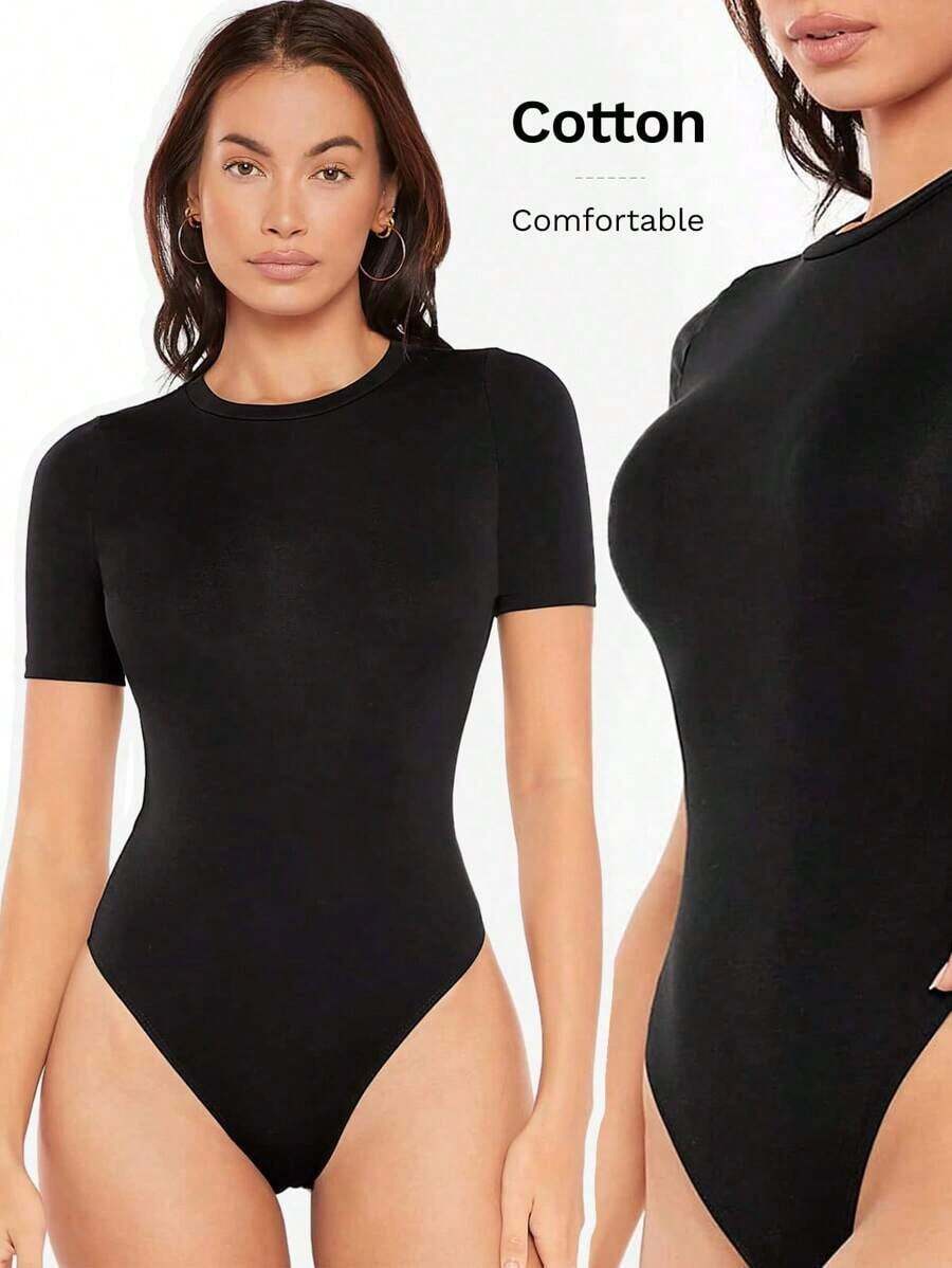 Body de silueta ajustada de color sólido, de estilo sencillo y casual para uso diario - Negro - Ver 1