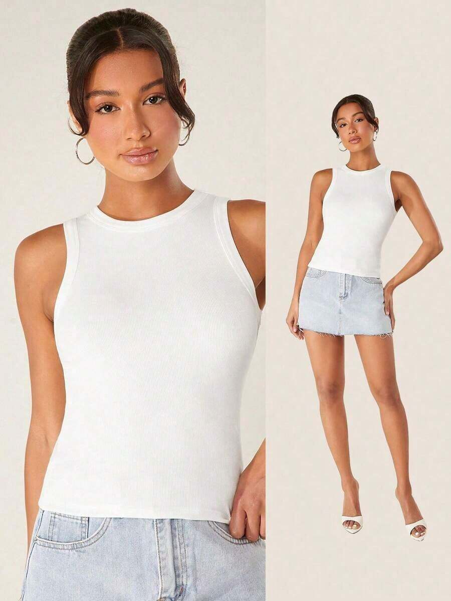 Camiseta de tirantes casual y versátil con cuello redondo y rayas para mujer - Blanco - Ver 1