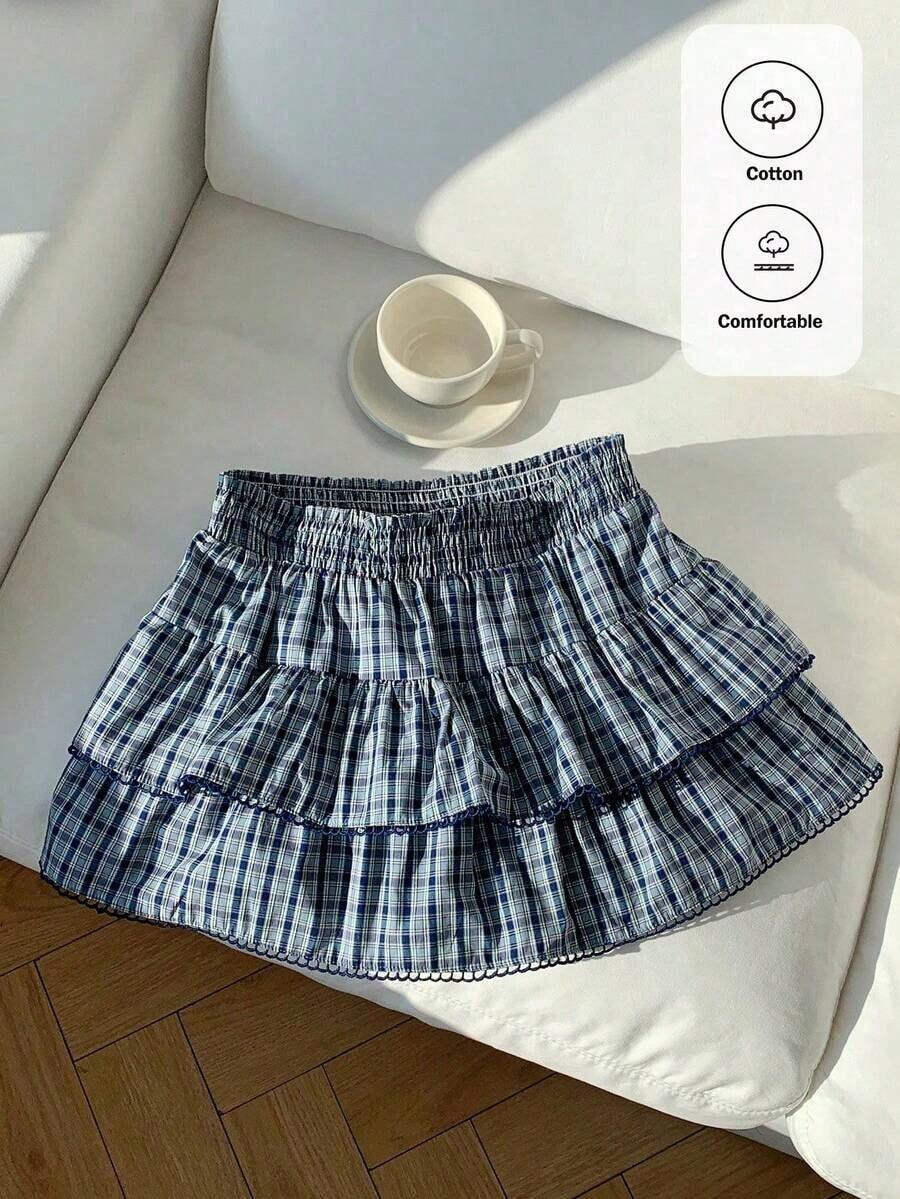 Falda pantalón para mujeres para conciertos campestres, blanca, de tejido, con cintura elástica y volantes en el bajo con silueta evasé - Azul marino 2 - Ver 1