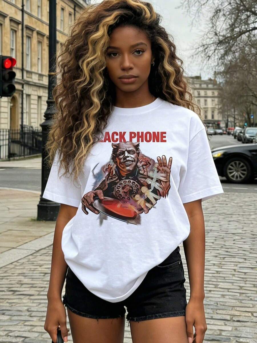 Women's Summer Clothes, Soft And Casual Cotton T-Shirt With Round Neck, Black Telephone Letter Print With The Phrase "Every Call Is A Life". - 白色 - 查看 1