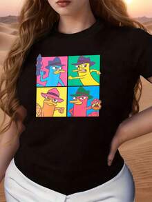 Colorful Print Featuring A Cartoon Character With A Determined Look And Hat, Representing Energy, Courage, And Modern Humor. Comfortable Casual Women's T-Shirts Ideal For Everyday Wear And Urban Combinations. - 黑色 - 查看 1