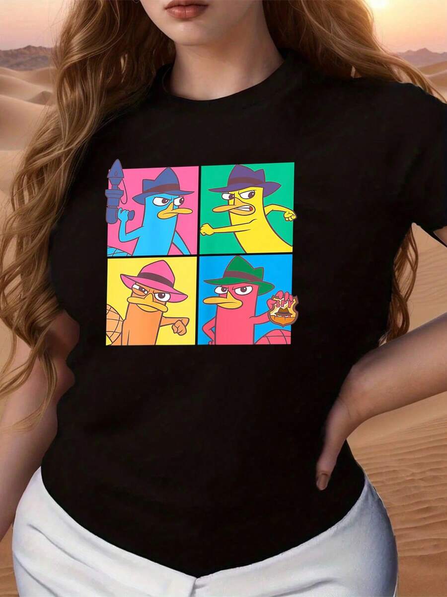 Colorful Print Featuring A Cartoon Character With A Determined Look And Hat, Representing Energy, Courage, And Modern Humor. Comfortable Casual Women's T-Shirts Ideal For Everyday Wear And Urban Combinations. - 黑色 - 查看 1