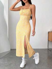 Nuevo vestido de punto con estampado de primavera/verano, tirantes de espagueti y abertura lateral para mujer.Vestido de verano sexy para vacaciones, vestido lavanda, conjunto de dos piezas lavanda, vestido floral lavanda, vestido floral mor - Amarillo - Ver 4