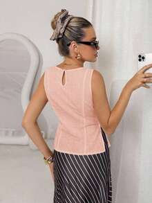 Camisa blanca de lino sin mangas, ajustada, con botones de nudo de bambú, estilo vintage para oficina - Rosa vieja - Ver 2