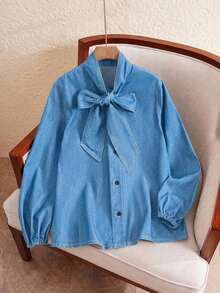 Mature Denim Blusa de mezclilla de mujer con un solo botonadura y lazo versátil y de moda - Lavado ligero - Ver 1