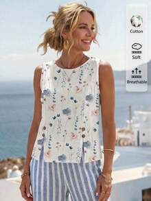 Blusa Casual de Mujer, Color Liso, con Botones Decorativos, Bajo Dividido, Holgada y sin Mangas, para Verano - Multicolor 2 - Ver 3