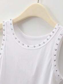 Top de tirantes con lentejuelas y aplicaciones de lentejuelas, estilo de ropa urbana, camisa corta de moda - Blanco 3 - Ver 4
