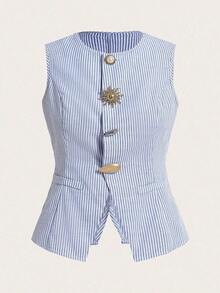 Blusa elegante de rayas azules con botones, adecuada para uso en la oficina, estilo vintage de verano casual para mujer - Multicolor - Ver 6