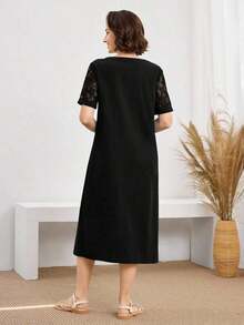 Vestido casual diario de encaje y parches para mujer, primavera y verano - Negro - Ver 4