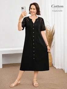 Vestido casual diario de encaje y parches para mujer, primavera y verano - Negro - Ver 8