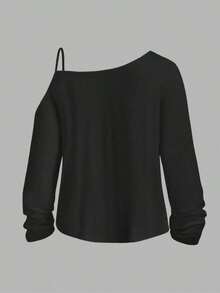 Camiseta de manga larga con hombros caídos, suelta y casual, para primavera y otoño - Negro 4 - Ver 2