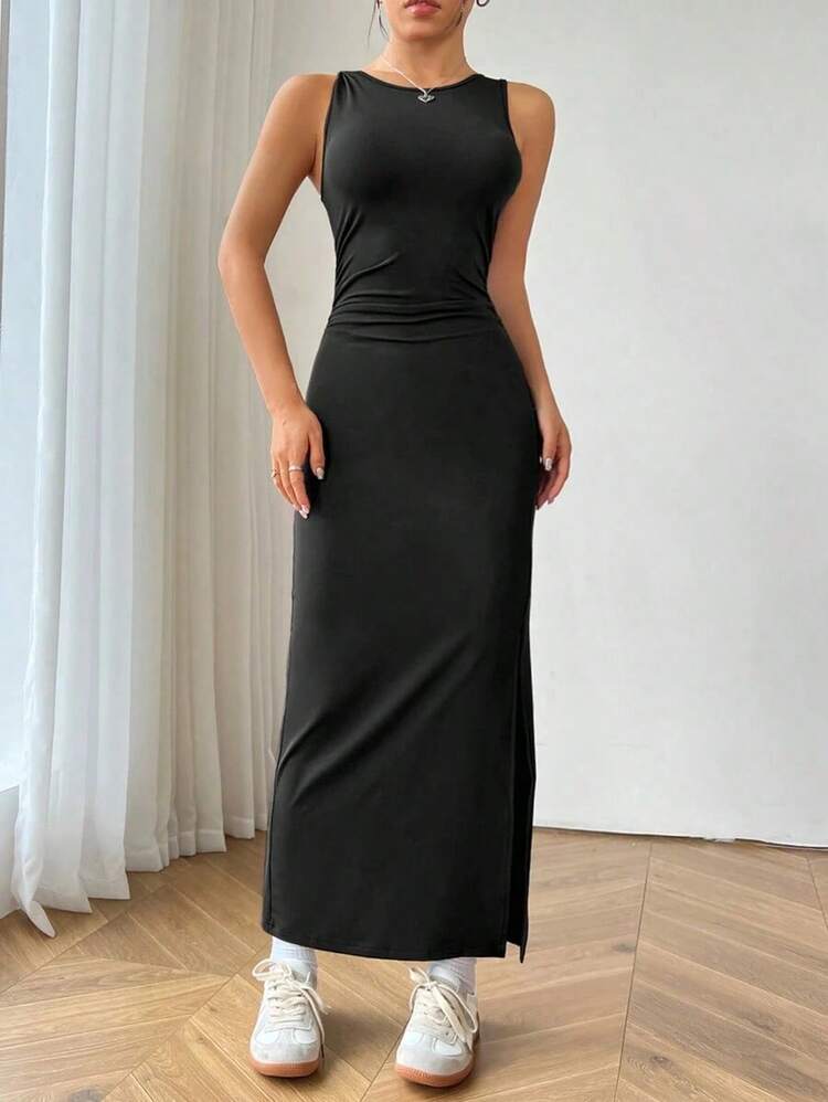 Vestido sin mangas sencillo de unicolor para el uso diario de las mujeres - Negro - Añade 4