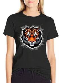 Women's Cotton Graphic T-Shirt, Casual T-Shirt With Ripped Tiger Face - Black Style. - View 9