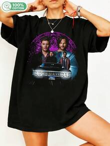 Winchester Brothers Castiel Crowley Purple Pentagram Retro Bootleg Graphic T-Shirt, Horror Casual Cotton T-Shirt For Fans. - 黑色 - 查看 6