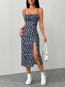 Vestido ajustado para mujer con tirantes de espagueti y abertura lateral con estampado floral diminuto - Azul marino - Ver 7