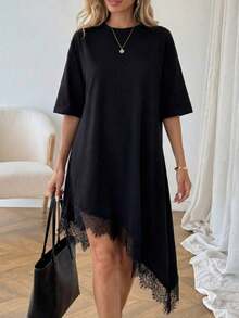 Vestido de talla media de manga corta con bajo asimétrico, de uso diario, de vacaciones y casual, de unicolor con parches de encaje, de moda básica para mujeres - Negro - Ver 8