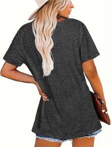 Women's Short-Sleeved T-Shirt With Cartoon Cat Print, Fashionable, For Work - Dark Grey - View 2