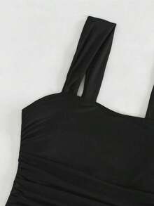 Swim Basics Women's Minimalist One-Piece Swimsuit With Ruched Straps, Solid Color, Boho Festival Style - Black - View 9