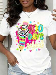 1 "100 Days Of School" T-Shirt For Children And Teachers, Celebrate The 100th Day Of School With A Fun Pencil Design And Colorful Print For Students And Educators, 180g, 100% Cotton. - 白色 - 查看 8