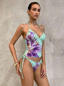 Conjunto de bikini a cuadros de cereza dulce - Azul menta - Ver 5