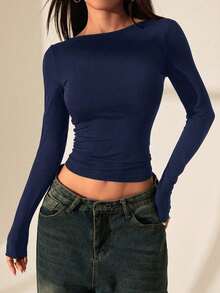 Camiseta de mujer con espalda al descubierto y costuras de encaje.Vestimenta sexy adecuada para citas en verano. - Azul marino - Ver 4