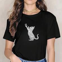 Parche Termoadhesivo Brillante de Gato y Mariposa 2026 - Diseño de Silueta Negra con Brillo, Duradero y Lavable, Adecuado para Camisetas de Pascua, Día de San Valentín y Eventos Temáticos - Negro - Ver 1