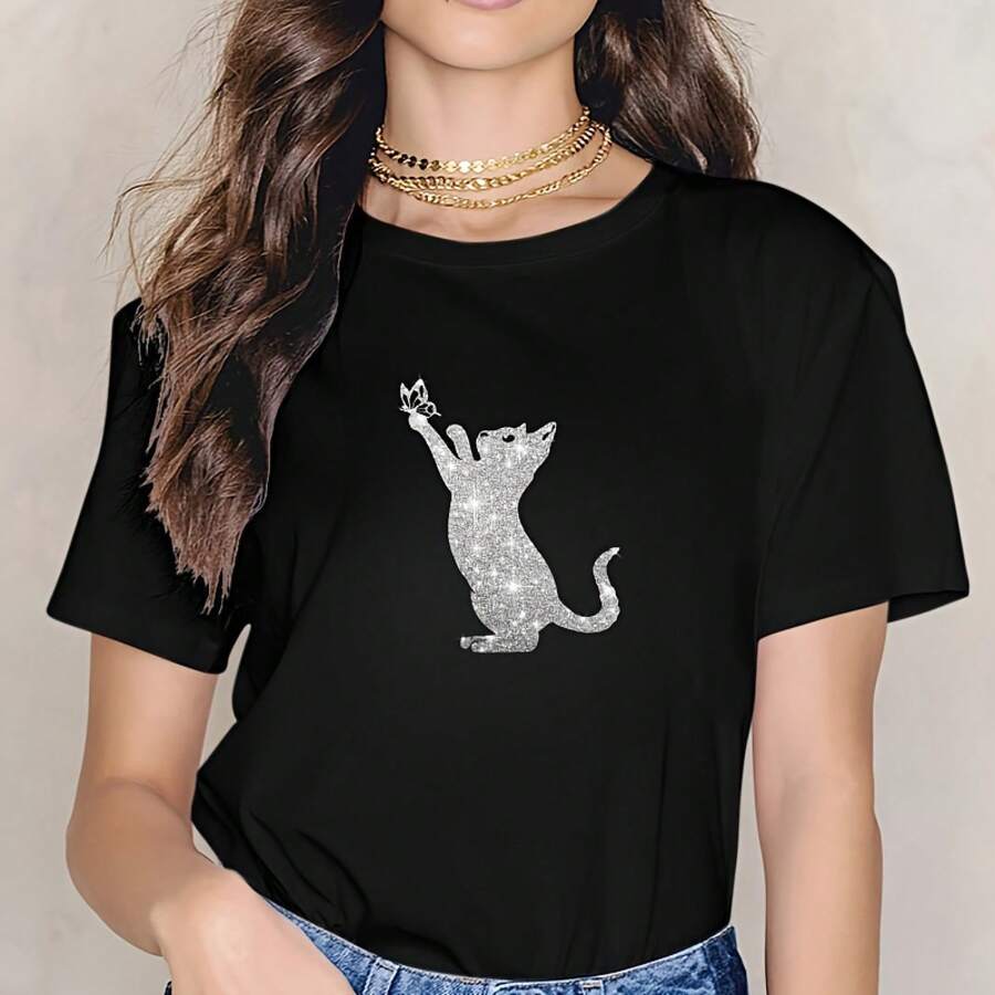 Parche Termoadhesivo Brillante de Gato y Mariposa 2026 - Diseño de Silueta Negra con Brillo, Duradero y Lavable, Adecuado para Camisetas de Pascua, Día de San Valentín y Eventos Temáticos - Negro - Ver 1