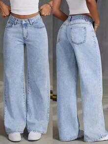 Jeans informales de pierna ancha con bolsillos para adolescentes - Lavado ligero - Ver 6