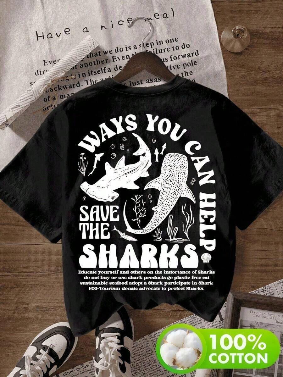 1 Letters Figures Block Print Casual Party Sweet None Daily Night Out Holiday Wedding Office Home Verona Women's Casual Crew Neck Short Sleeve T-Shirt With Ocean Conservation Shark Print - 黑色 - 查看 1