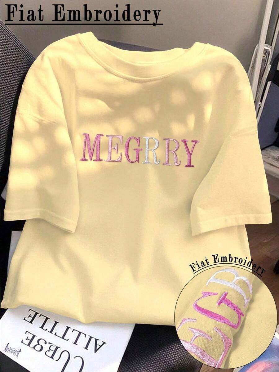 Camiseta ajustada de mujer con bordado de letras, casual y de moda - Amarillo - Ver 1
