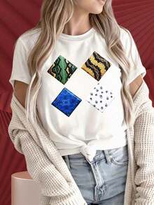 Women's Black T-Shirt With Colorful Diamond Pattern Print, Short Sleeve, Casual,  Graphic Top. The Fun Prints Are Suitable For Family Gatherings, Christmas Parties, Sports Activities, Holiday Parties, Outings, Sports And Other Festive Gifts (220g). - 白色的 - 查看 1