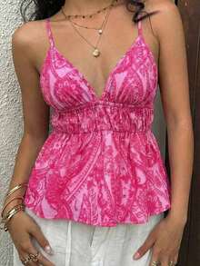 Camiseta sin espalda con volantes y estampado bohemio de verano para mujer - Rosa Fucsia - Ver 5
