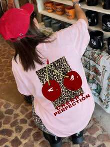 1 Piece Of Women's Summer T-Shirt With Round Neck And Short Sleeves, Leopard Print And Cherry Design, Suitable For Summer, Beach, Street, Daily Wear, Work, Office Party, Going Out, Festival, Music Festival, Valentine's Day, Casual Party, White Color. - 粉色 - 查看 4