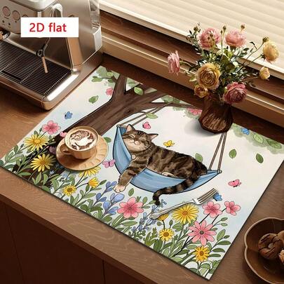 1pc Dish Drying Mat, Coffee Machine Pad, Floral & Swing Cat Pattern Absorbent Mat, Soft Color Tone Suitable For Dining Table And Cafe, Showcasing Water Absorption And Natural Style, Multipurpose Drainage Mat, Home Gift, Desktop Decor