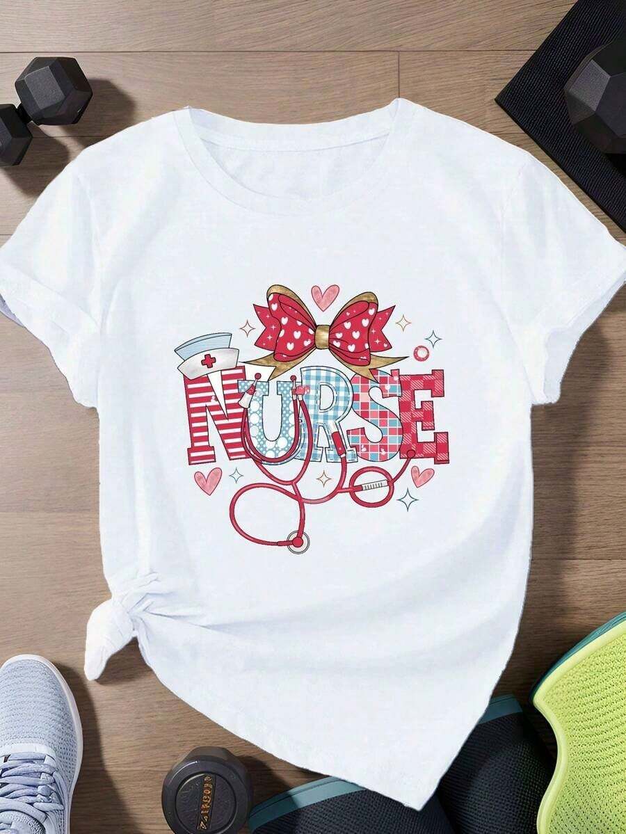 100% Cotton Women's Plus Size Nurse T-Shirt - Casual Sporty Style, Short Sleeve, Crew Neck, Polyester - Black, With Stethoscope And Heart Design, Machine Washable, Nurse T-Shirt, Sporty, Heart Design, Attractive And Fun Pattern, Loose And Attractive T-Shirt Made Of Soft And Silky Fabric, Women's T-Shirt - 白色 - 查看 1