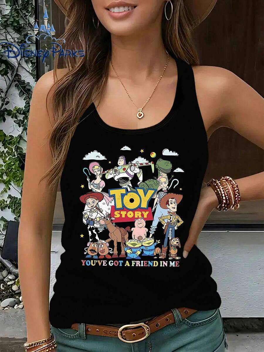 Disney's 2026 New Authorized Toy Story Classic Character Print Pattern Ladies Explosions Merchandise Print Pattern Round Neck Sleeveless Vest T-Shirt Casual And Comfortable Fashion Joker Casual And Comfortable Sleeveless Vest Ladies Summer Casual Fashion Vest Suitable For Spring, Summer And Autumn Casual Wear Optimistic Design Elastic Fabric. - màu đen - Xem 1