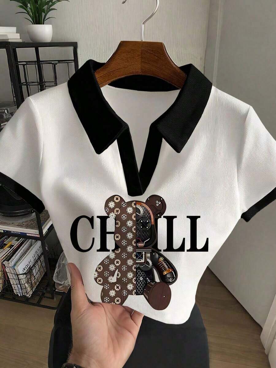 Blusa casual de mujer con cuello polo a rayas y manga corta - Blanco y Negro 4 - Ver 1