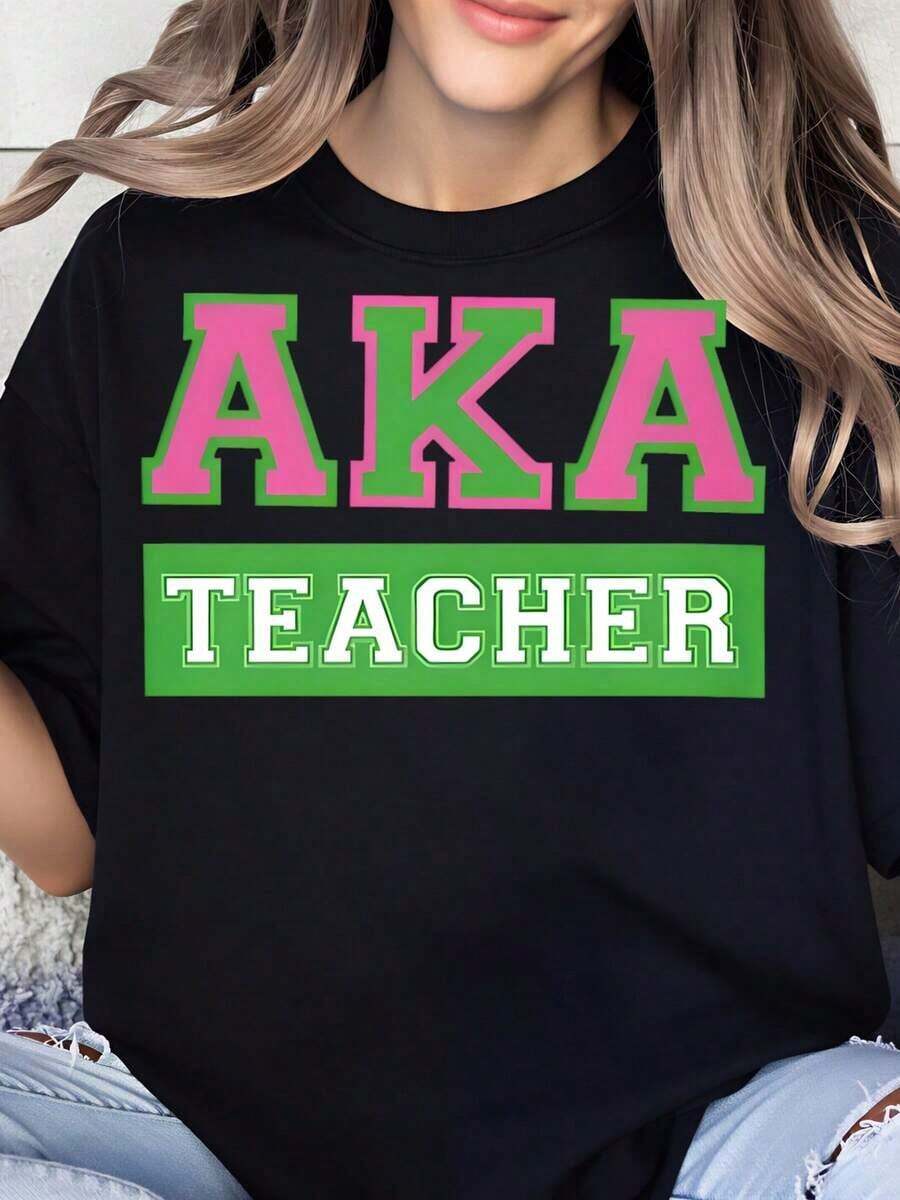 Alpha Teacher Women's T-Shirt, Sisterhood Gift, Greek Letter T-Shirt (AKA), Black, Pink, And Green Design, Perfect For College Students And Educators - 黑色 - 查看 1