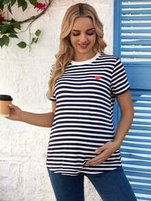 Camiseta De Maternidad De Cuello Redondo A Rayas De Manga Corta Para Verano - Azul - Ver 3
