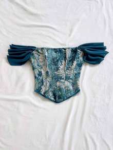 Top tubo con estampado de jacquard floral colorido y estilo vintage palaciego, con botones y nudo trasero, elegante para vacaciones y citas - Multicolor 3 - Ver 7