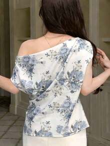 Blusa holgada con estampado floral en toda la prenda, para Año Nuevo, Vacaciones de verano, Salidas de mujeres, Pascua, Estilo bohemio - Azul 3 - Ver 2